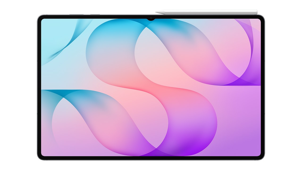 Galaxy Tab S12 Ultra warna Gray dilihat dari depan, layar menyala menampilkan wallpaper gradasi biru-ungu, dengan S Pen putih menempel di sisi atas bodi