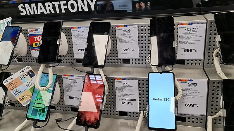 Rak pajangan ponsel di toko elektronik dengan papan bertuliskan SMARTFONY, berisi deretan HP terpasang kabel pengaman beserta kartu harga; kartu POCO C65 6/128 GB tertera 699 zloty, bersebelahan dengan Xiaomi Redmi 13C pada harga yang sama