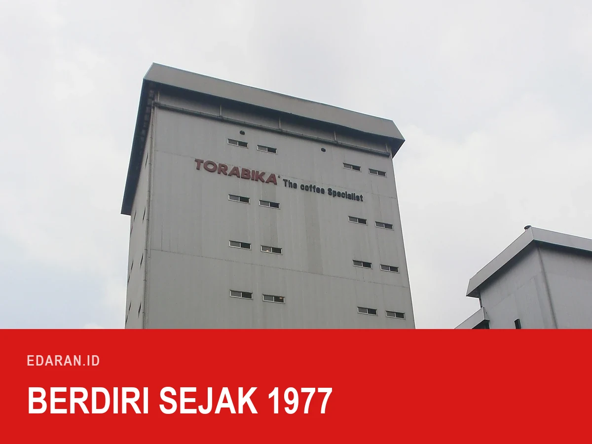 Gedung pabrik bertuliskan TORABIKA The Coffee Specialist dilihat dari bawah, dengan teks judul "Berdiri Sejak 1977"