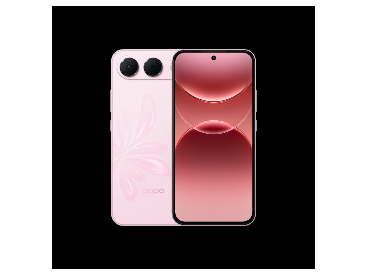 OPPO A7 Pro 5G warna Bunga Pink, tampak belakang dengan dua kamera bundar dan tampak depan
