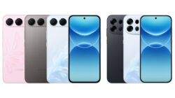 Tiga varian warna OPPO A7 Pro 5G di kiri dan dua varian warna OPPO A7 Pro Max 5G di kanan, tampak belakang dan depan