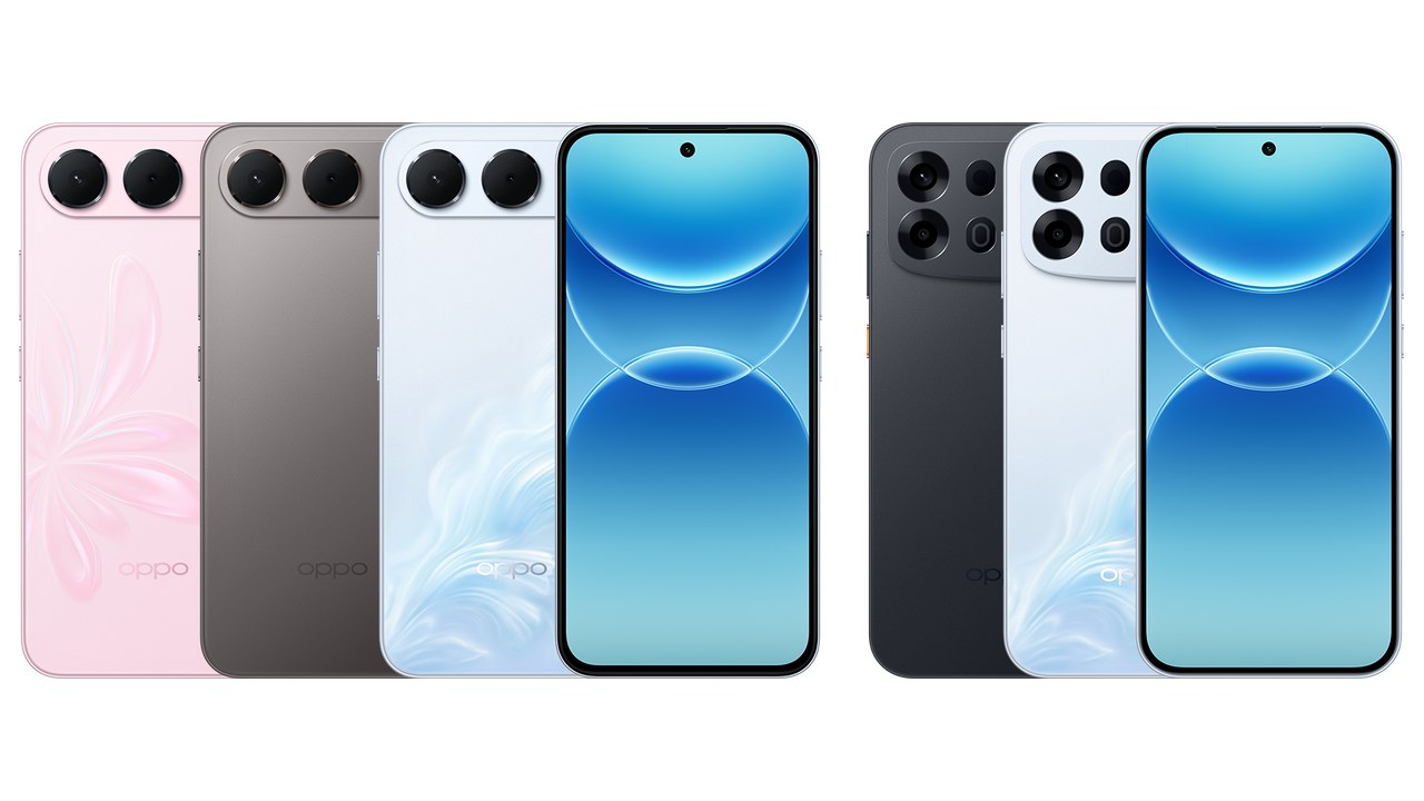 Tiga varian warna OPPO A7 Pro 5G di kiri dan dua varian warna OPPO A7 Pro Max 5G di kanan, tampak belakang dan depan