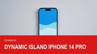 iPhone 14 Pro terlihat dari depan dengan potongan layar lonjong Dynamic Island, dengan teks judul Dynamic Island iPhone 14 Pro