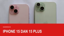 Punggung iPhone 15 merah muda bersebelahan dengan iPhone 15 Plus hijau yang terlihat lebih lebar