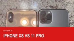 iPhone XS emas berkamera ganda bersebelahan dengan iPhone 11 Pro abu berkamera tiga, dengan teks judul iPhone XS vs 11 Pro