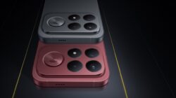 Dua unit POCO F9 Ultra warna abu-abu gelap dan merah tua bertumpuk, memperlihatkan modul kamera belakang empat lensa dengan lingkaran berlogo Bose