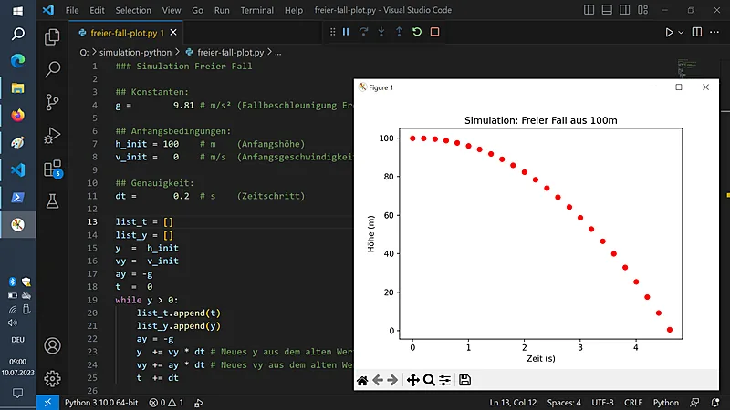 Layar editor kode menampilkan skrip Python di samping grafik hasil simulasi matplotlib